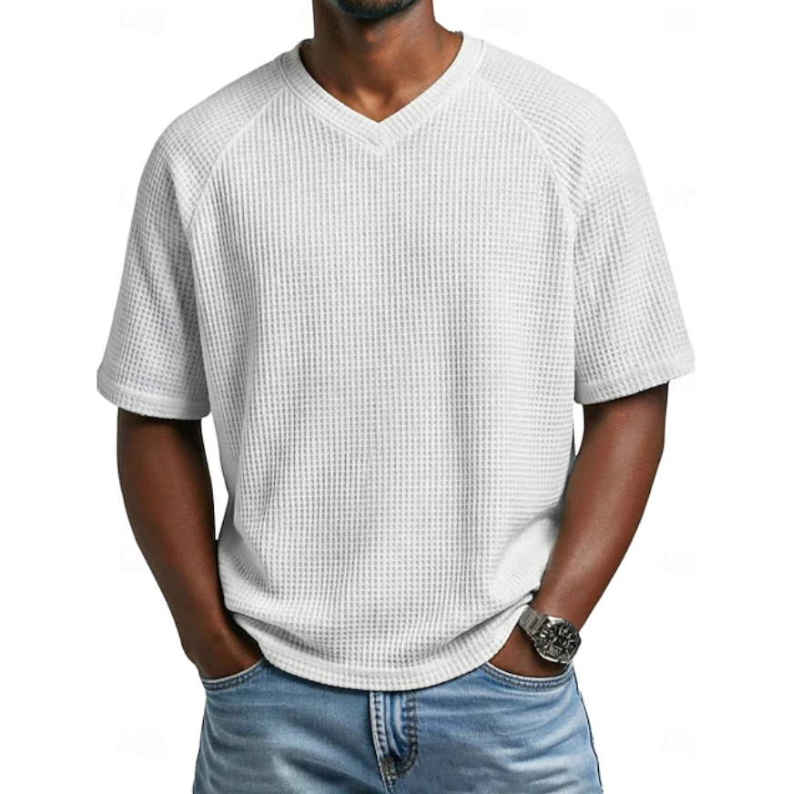Men's Waffle T-shirt Tee Top Short Sleeve V Neck Summer Solid Color  Casual Raglan Sleeves
