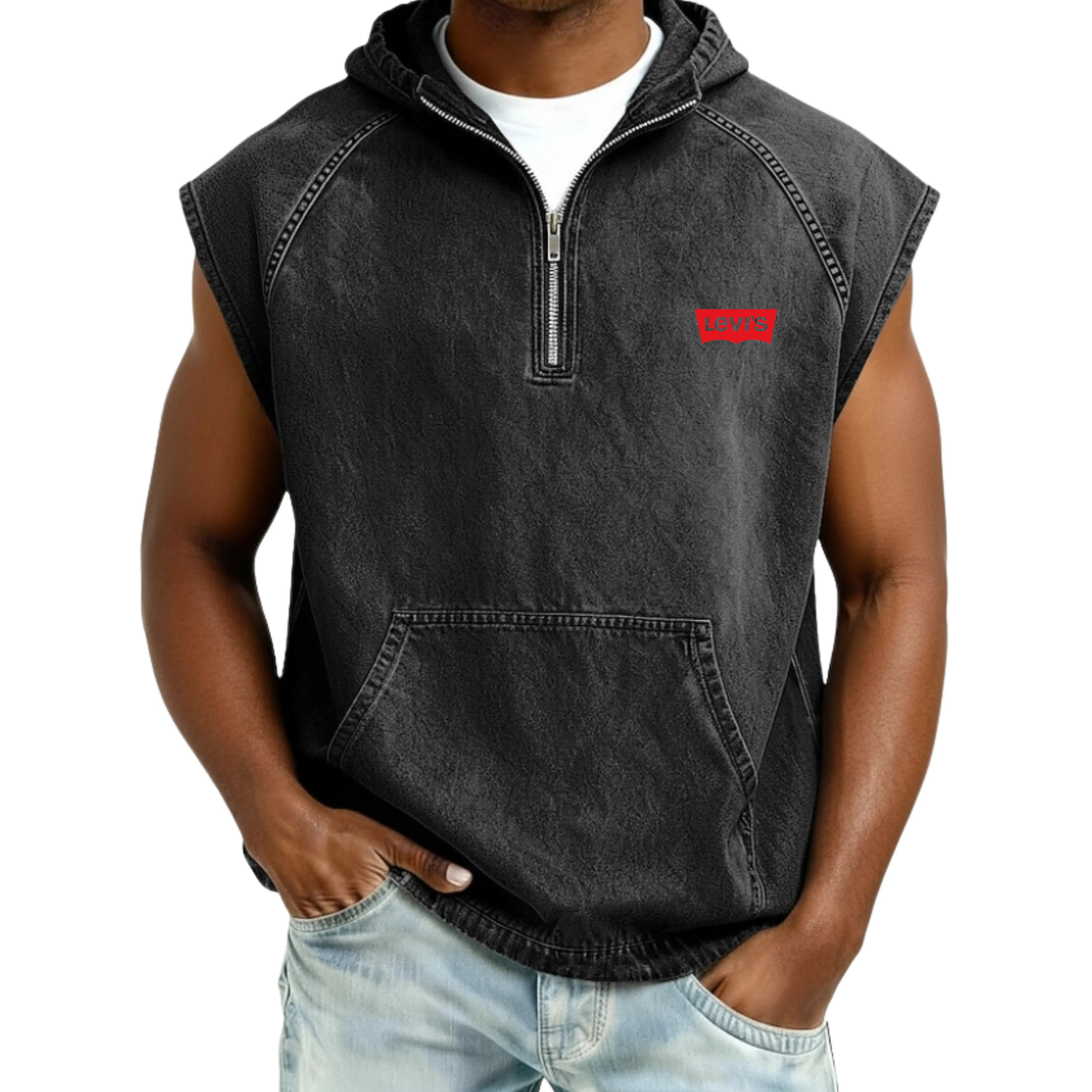 Men's Tank Top Vest Top Demin Shirt Acid Wash Shirt Sleeveless Hooded Zip