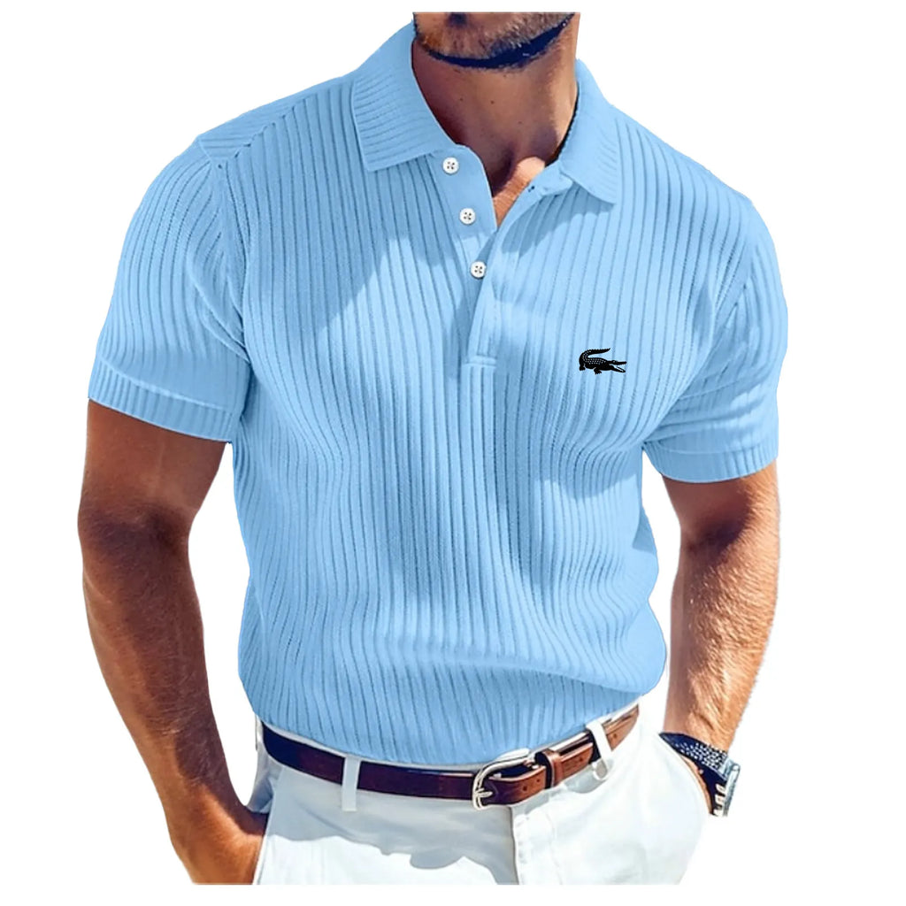 Men's Rib Knit Top Textured Casual Work Lapel Ribbed Polo Collar Short Sleeve Basic Modern