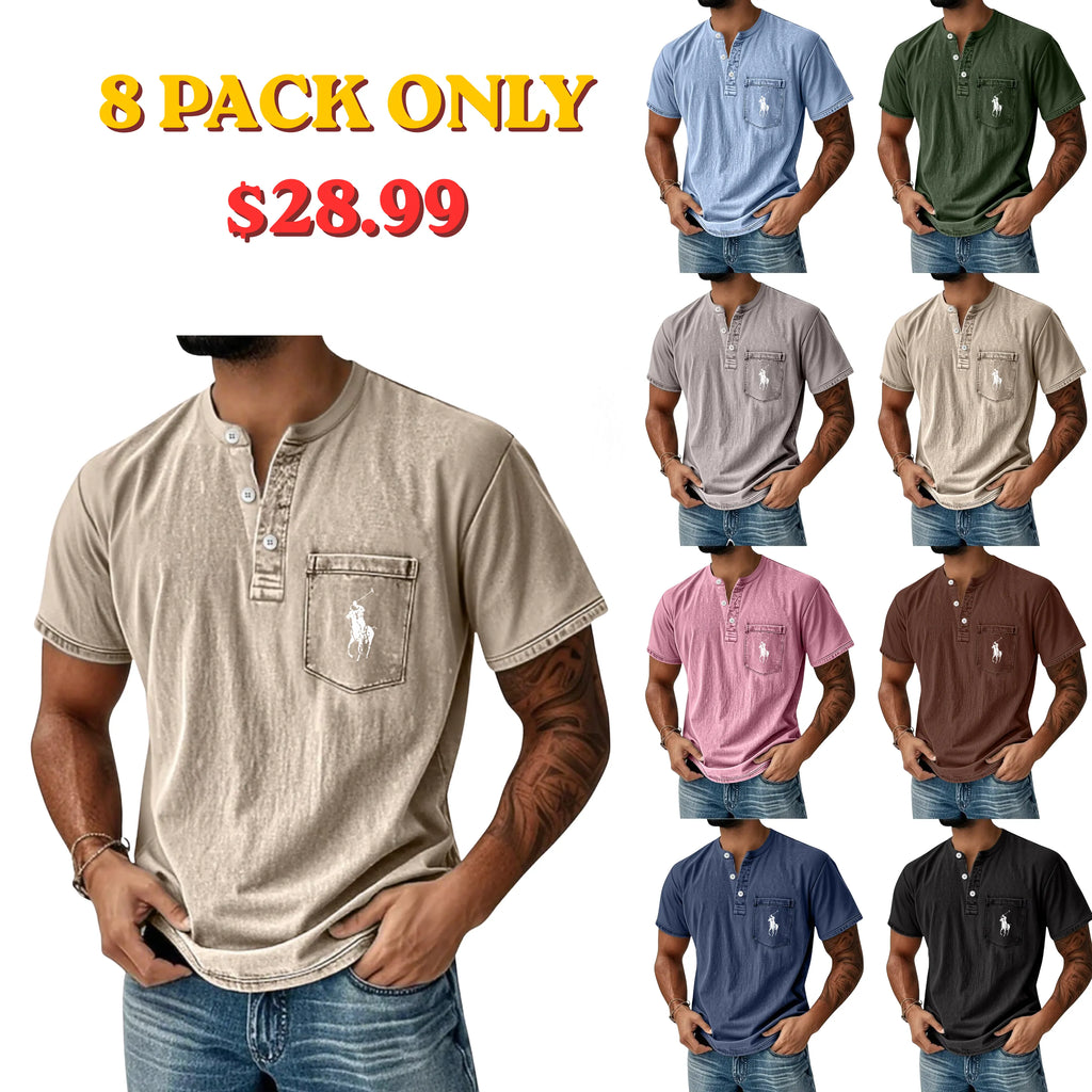 Men's Henley Shirt 100% Cotton Acid Wash Shirt T shirt Tee Short