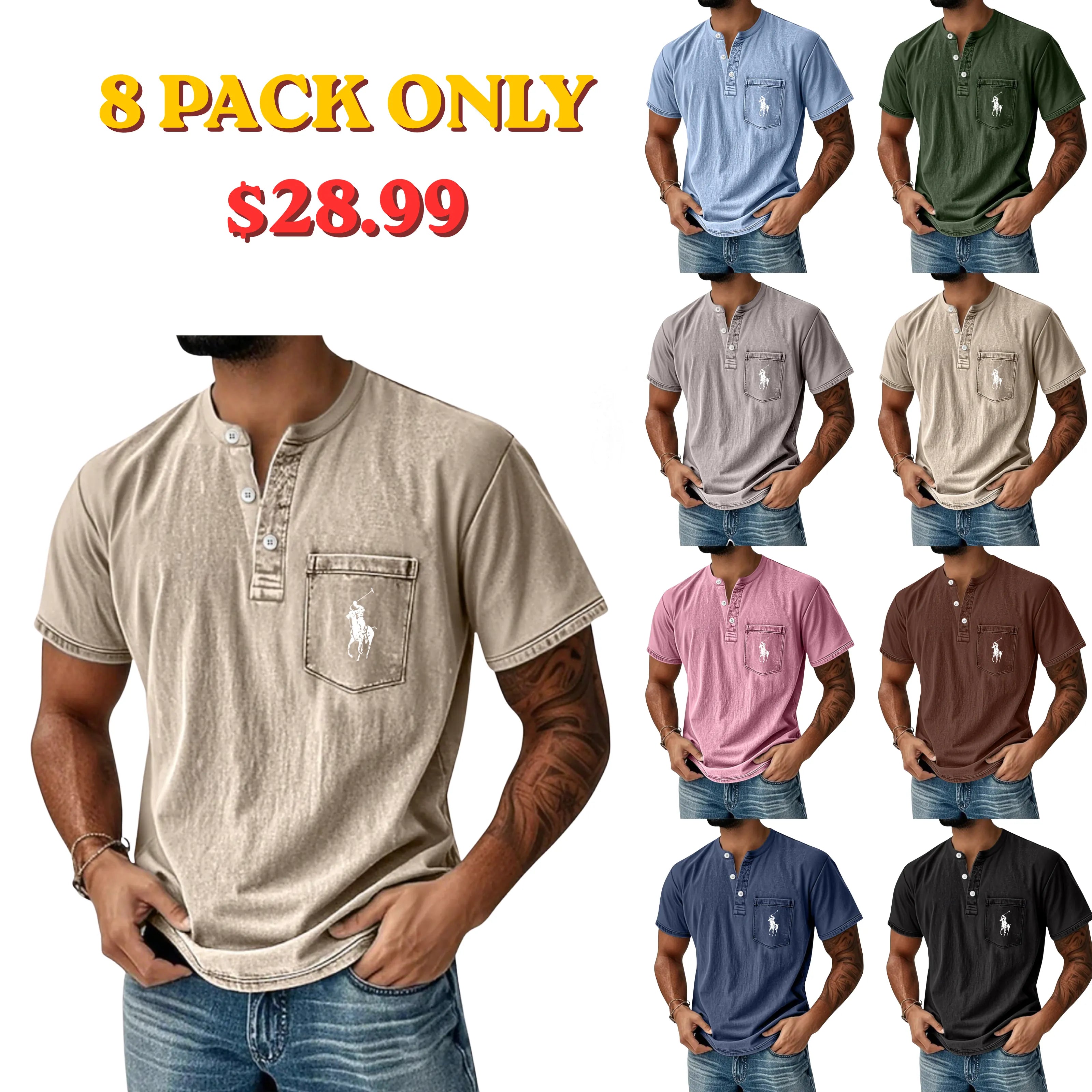 Men's Henley Shirt 100% Cotton Acid Wash Shirt T shirt Tee Short