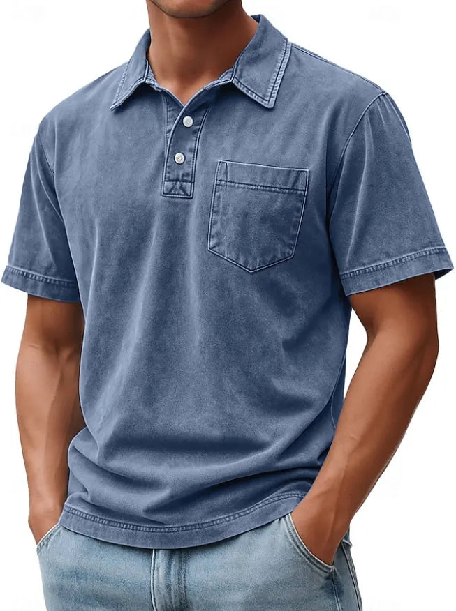 Men's Polo Shirts 100% Cotton Acid Wash Shirt Casual  Sleeve Fashion Basic Plain Vintage