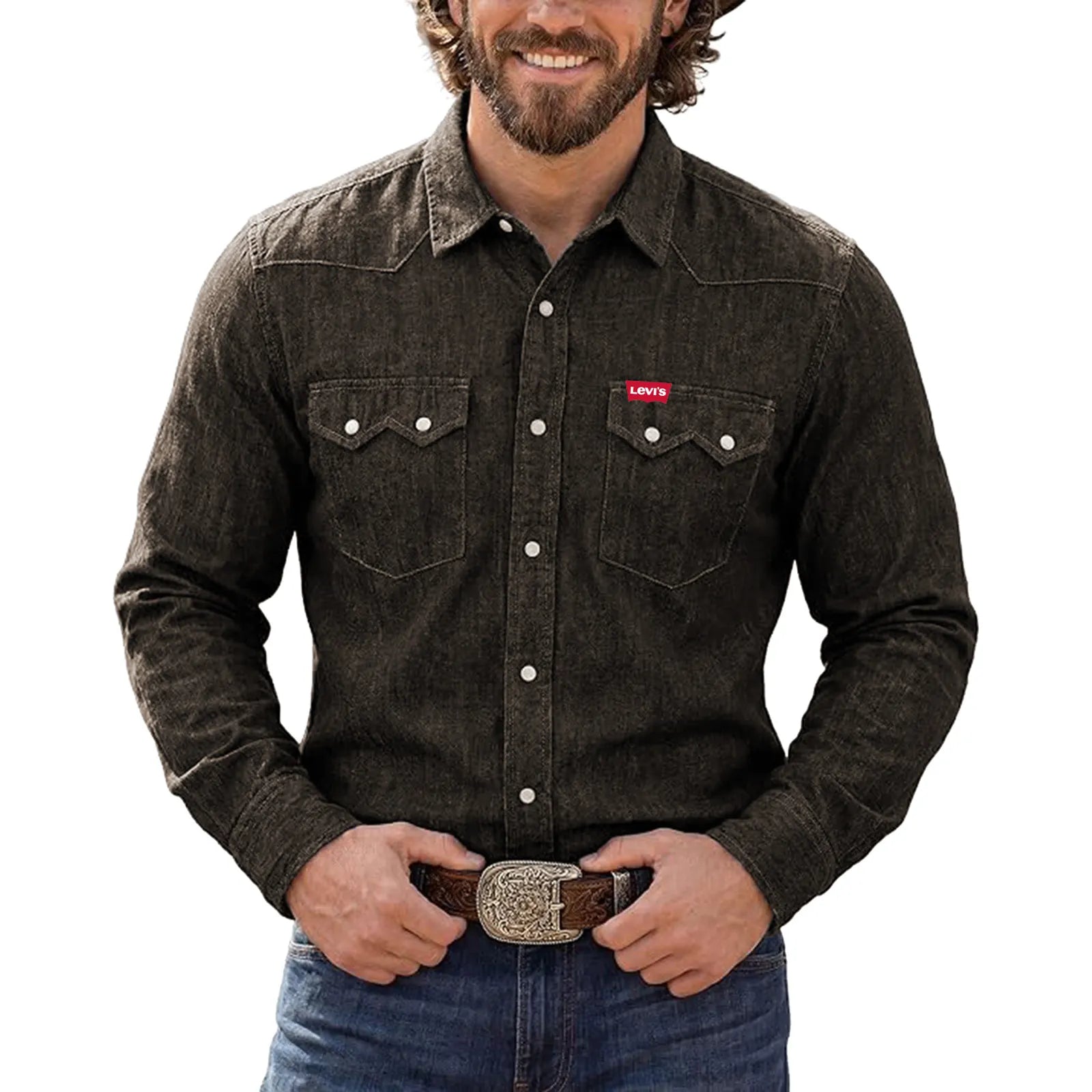 Mens Western Pearl Snap Denim Shirt Linen Blend Long Sleeve Lightweight