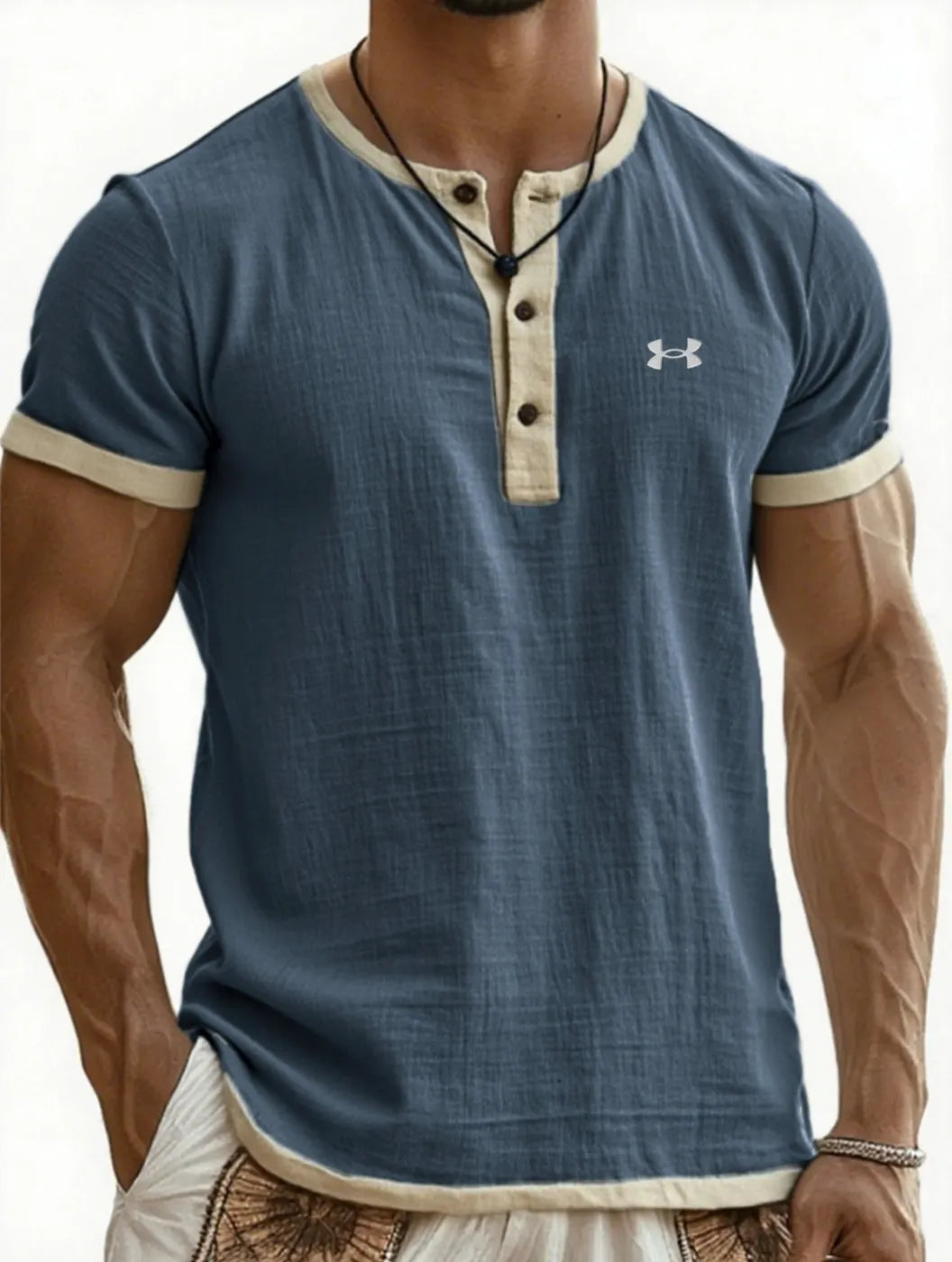 Men's Cotton Linen Casual Henley T-Shirt