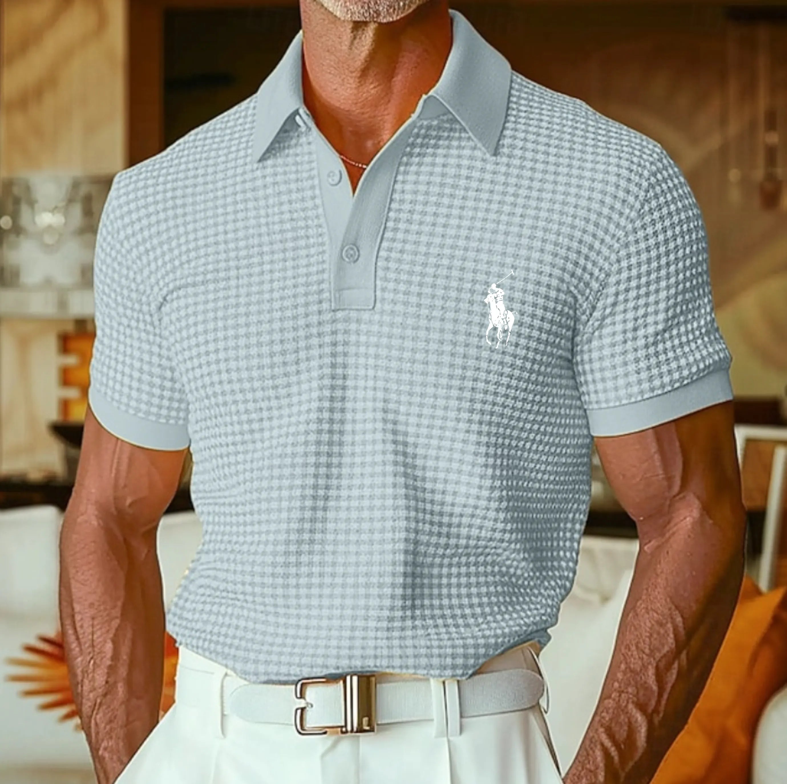 Men's Waffle Polo Shirts Textured Casual Holiday Lapel Ribbed Polo Collar Short