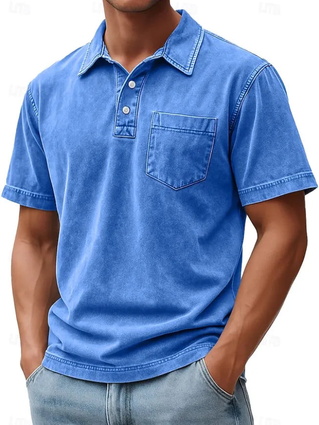 Men's Polo Shirts 100% Cotton Acid Wash Shirt Casual  Sleeve Fashion Basic Plain Vintage