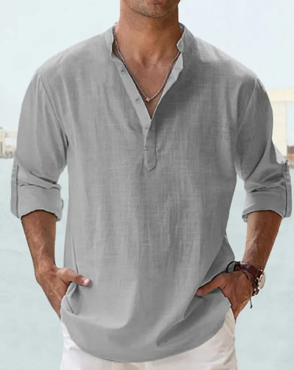 Men's Linen Pullover Casual Shirt, Beach Stand Collar, Solid Color, Perfect for Beach Vacation
