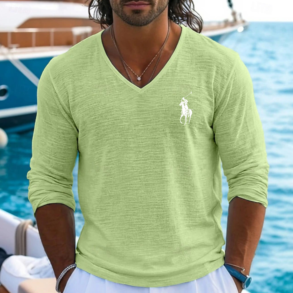 Men's Tee Top Linen T-Shirt Long Sleeve V Neck Summer Spring Spring & Summer Solid Color
