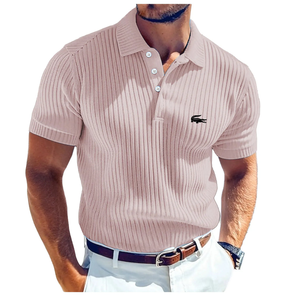 Men's Rib Knit Top Textured Casual Work Lapel Ribbed Polo Collar Short Sleeve Basic Modern