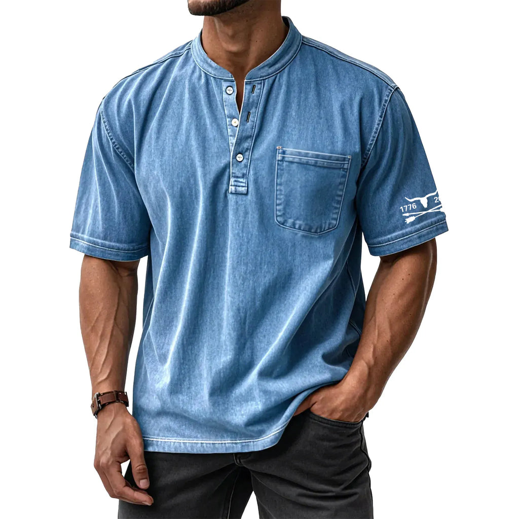 Men's Washed Cotton Short Sleeve Henley T-Shirt