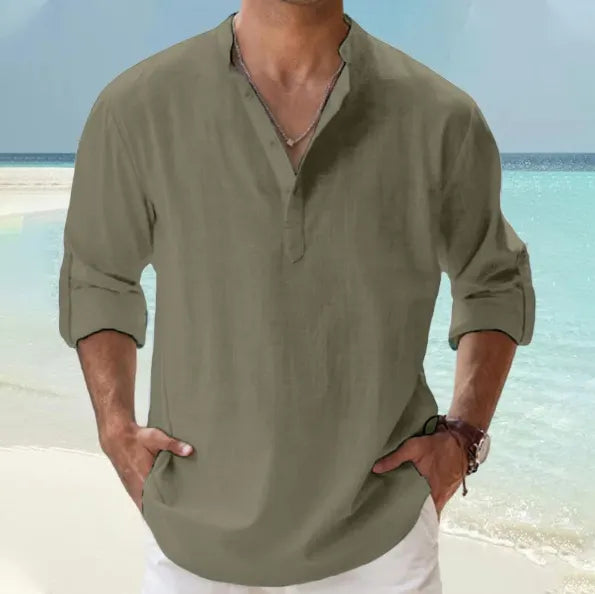 Men's Linen Pullover Casual Shirt, Beach Stand Collar, Solid Color, Perfect for Beach Vacation