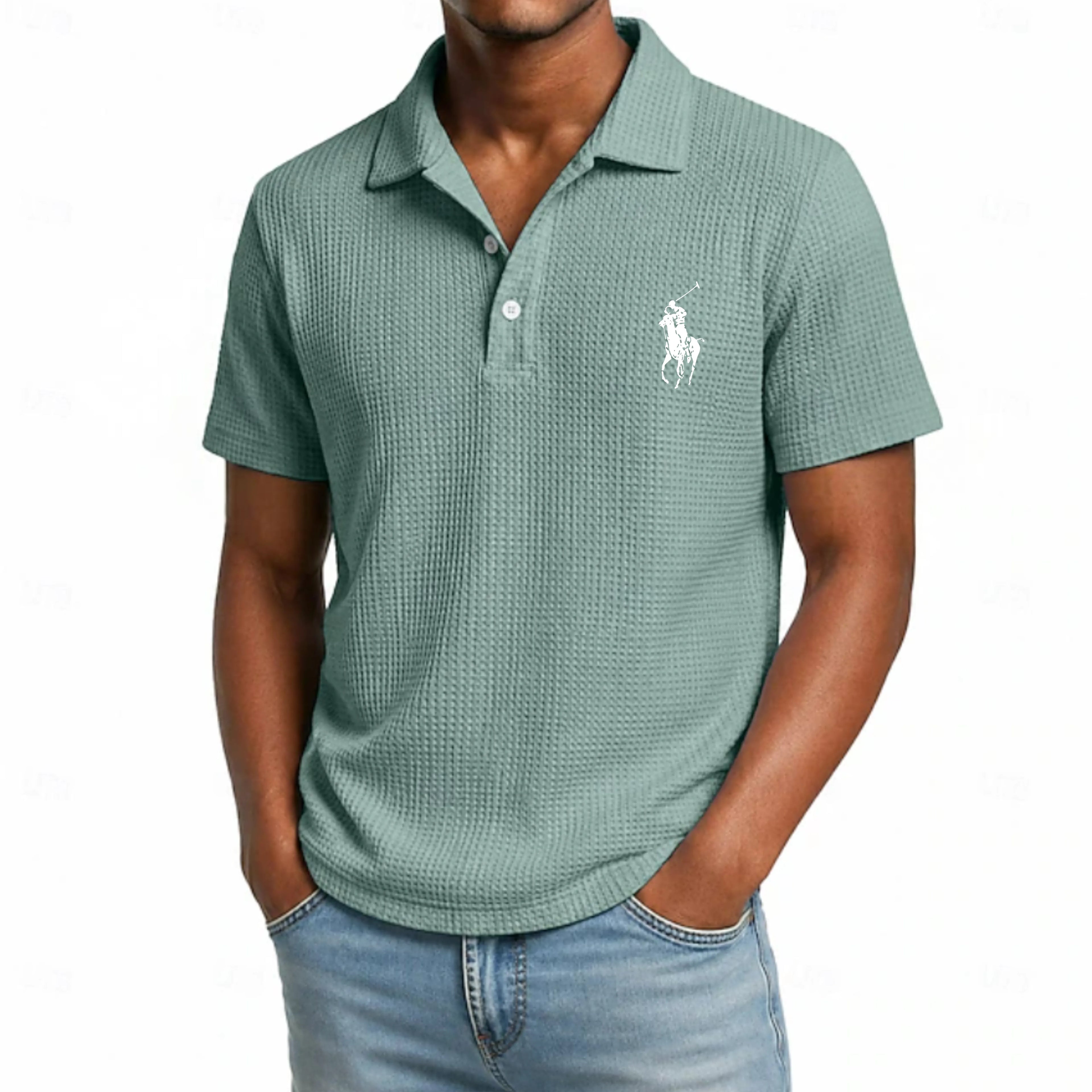 Men's Waffle Polo Shirts Textured Casual Business Turndown Short Sleeve