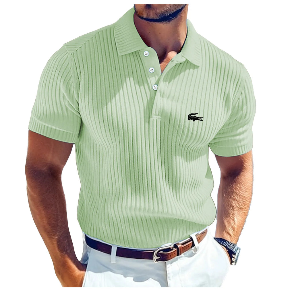 Men's Rib Knit Top Textured Casual Work Lapel Ribbed Polo Collar Short Sleeve Basic Modern