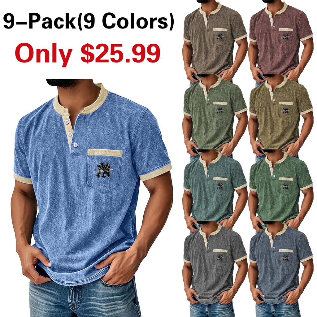 Men's Henley Shirt 100% Cotton Acid Wash Shirt T shirt Tee Short Sleeve Solid Retro