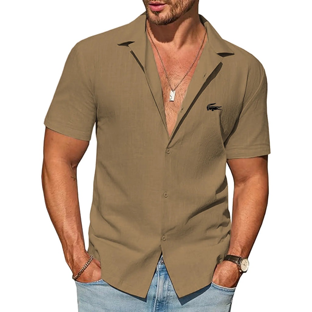 Mens Button Down Cotton Shirt Short Sleeve Casual Linen Untucked