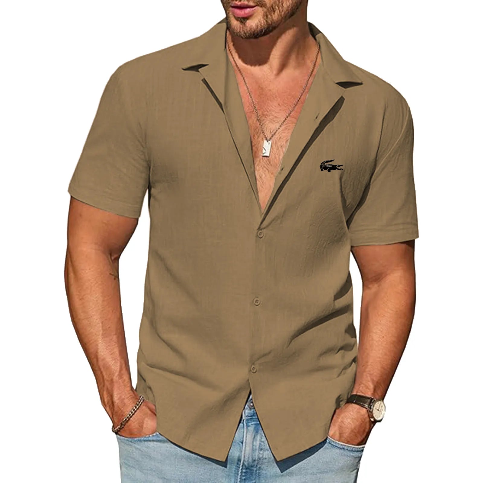 Mens Button Down Cotton Shirt Short Sleeve Casual Linen Untucked