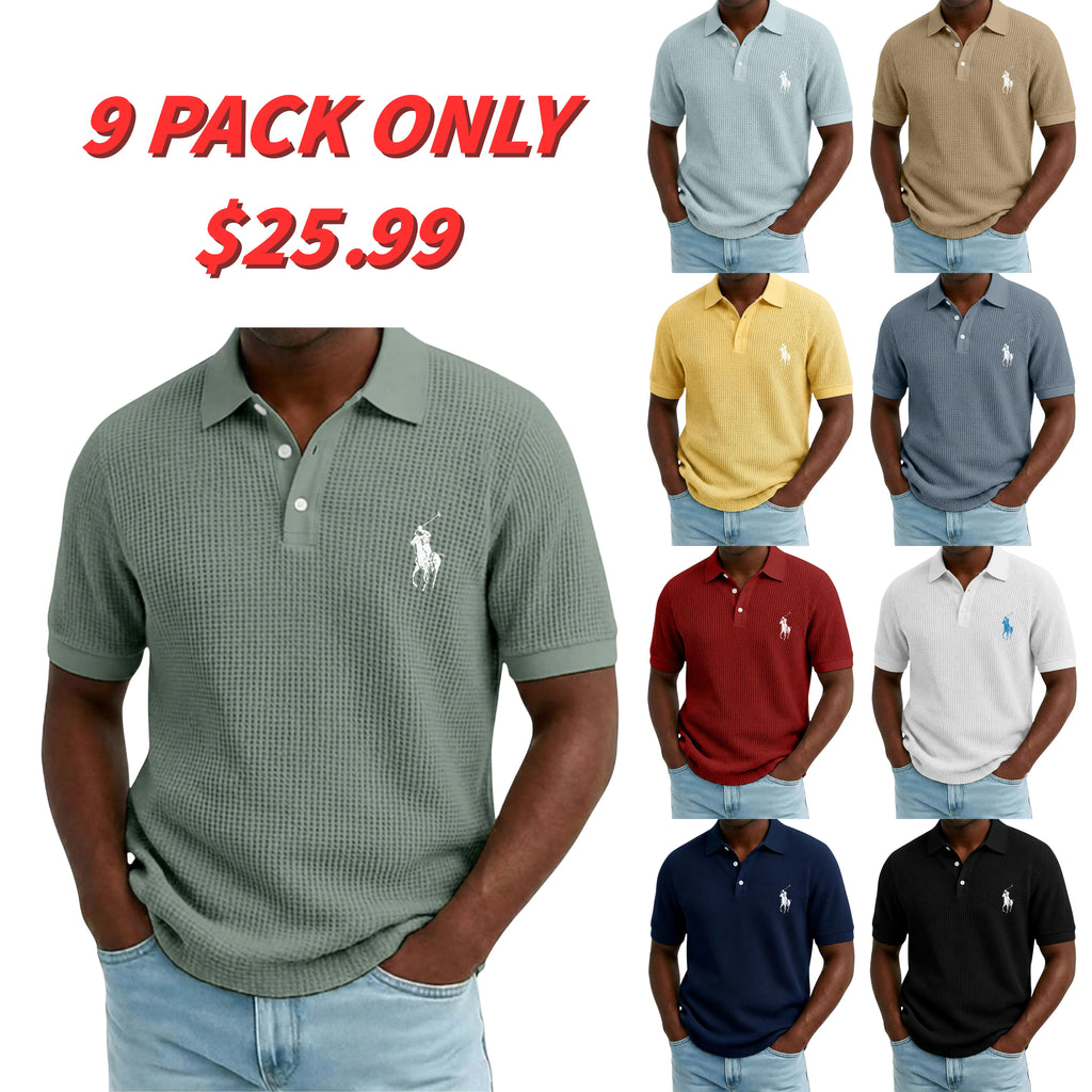 Men's Waffle Polo Shirts Textured Casual Holiday Lapel Ribbed Polo Collar Short