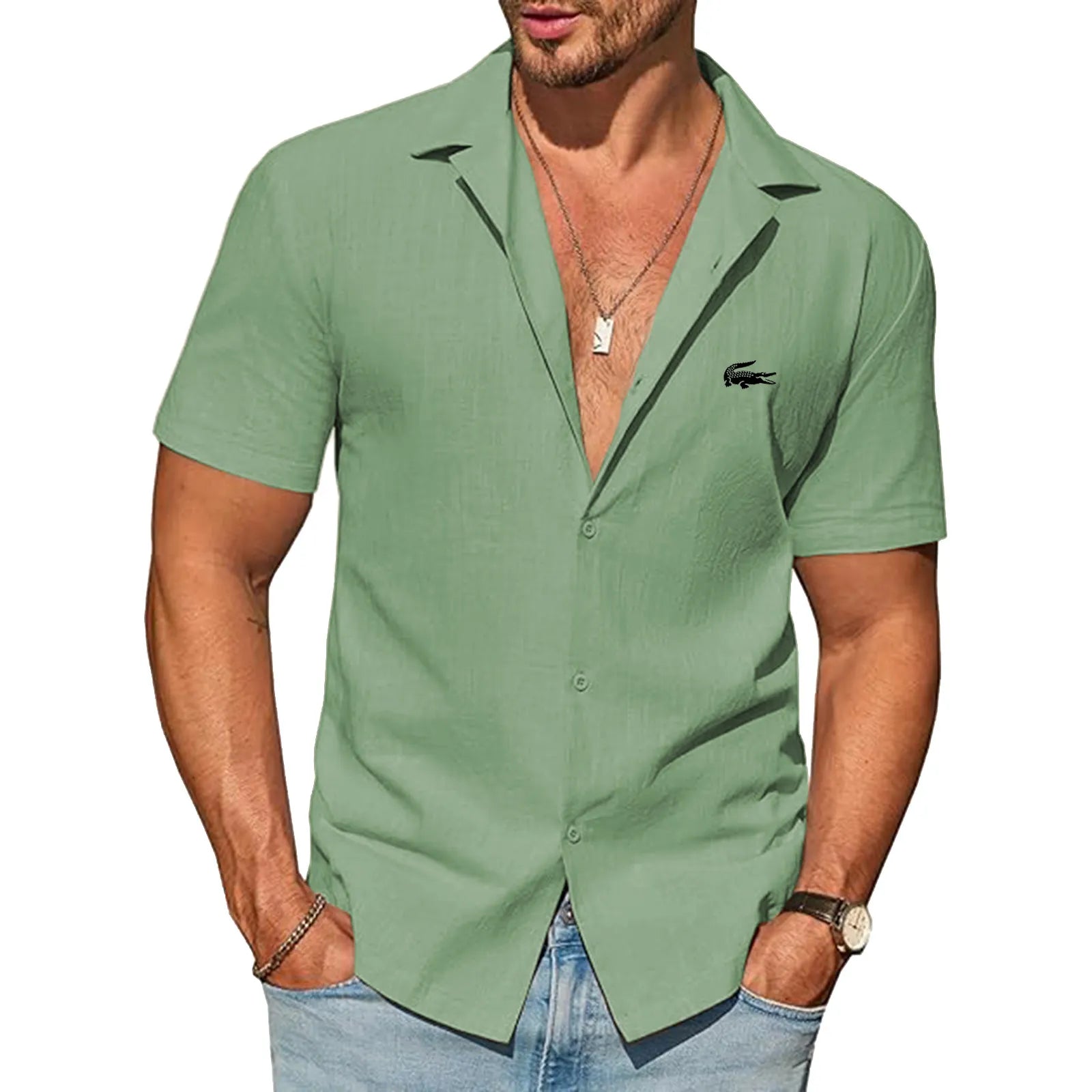 Mens Button Down Cotton Shirt Short Sleeve Casual Linen Untucked