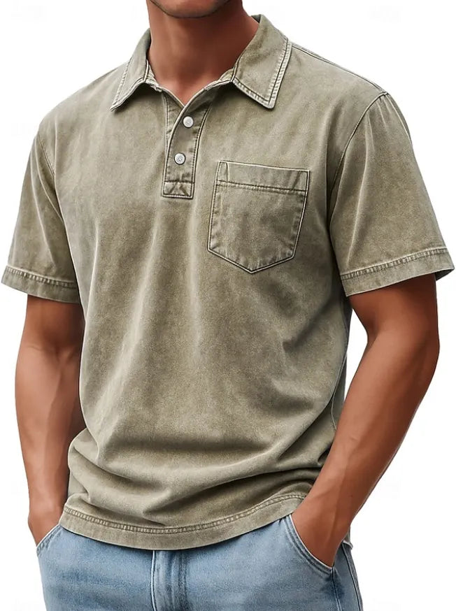 Men's Polo Shirts 100% Cotton Acid Wash Shirt Casual  Sleeve Fashion Basic Plain Vintage