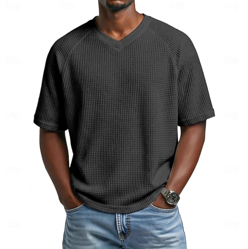 Men's Waffle T-shirt Tee Top Short Sleeve V Neck Summer Solid Color  Casual Raglan Sleeves