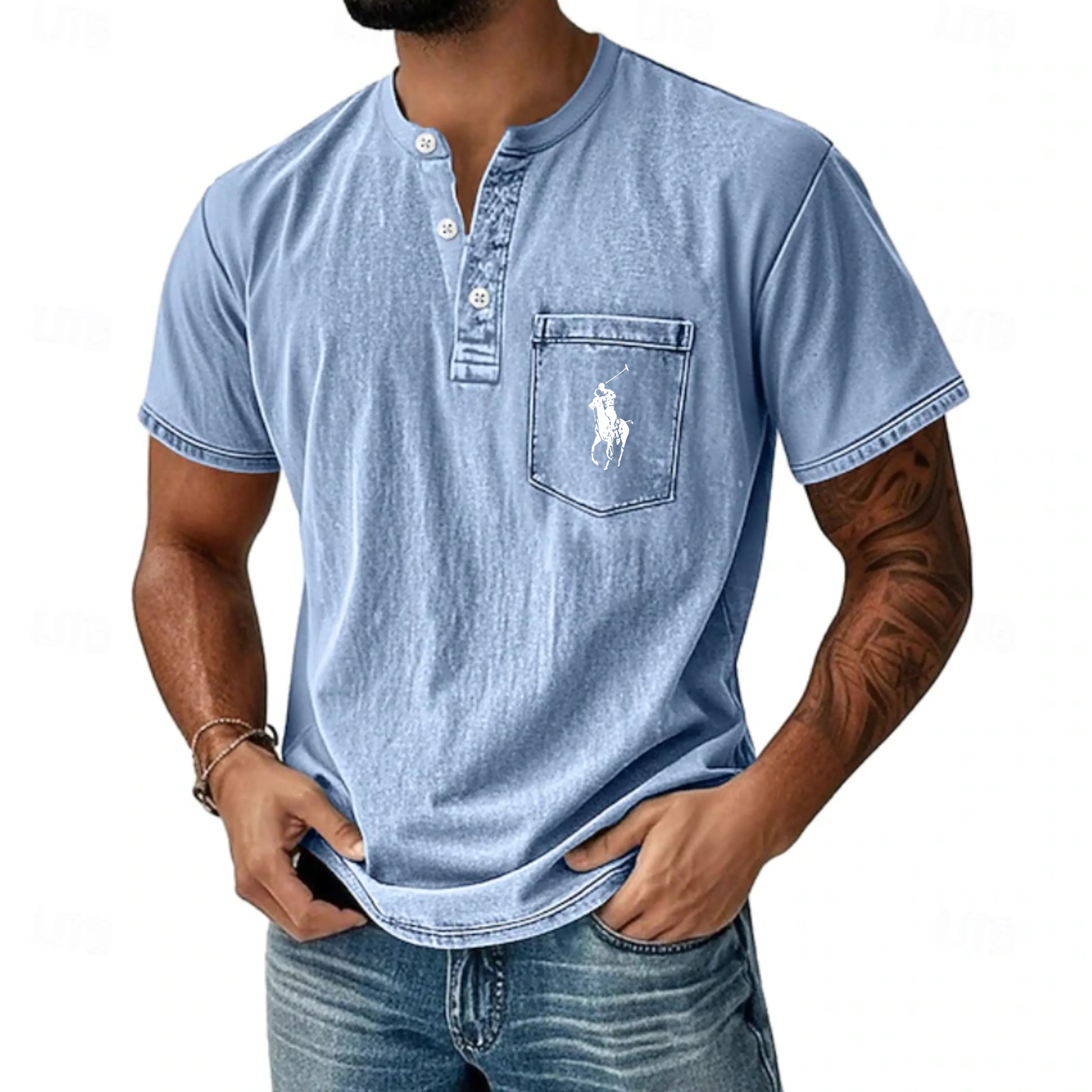 Men's Henley Shirt 100% Cotton Acid Wash Shirt T shirt Tee Short