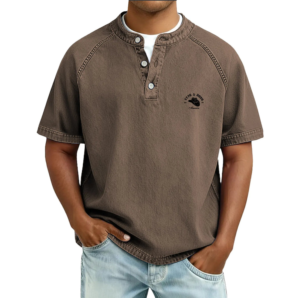 Men's T Shirt Henley Shirt 100% Cotton Acid Wash Shirt Tee Top Short Sleeve Plain Vintage Streetwear Casual Washed Raglan Sleeves Stand Collar Henley Casual Home Street Fall & Winter Spring Fall
