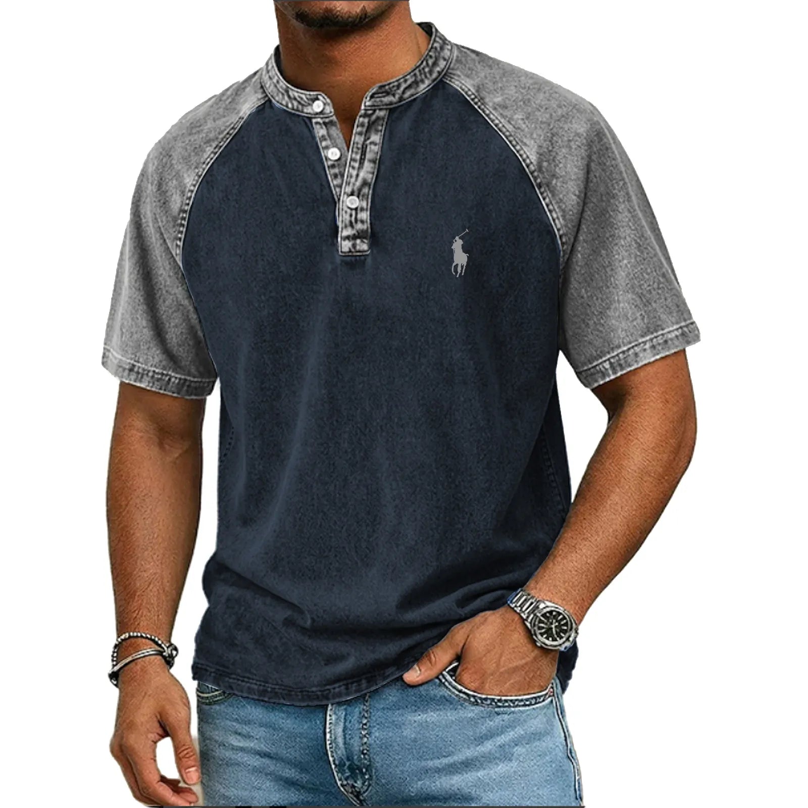 Men's Acid Wash Shirt Short Sleeve Color Block Patchwork