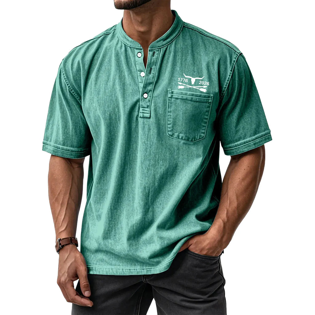 Men's Washed Cotton Short Sleeve Henley T-Shirt