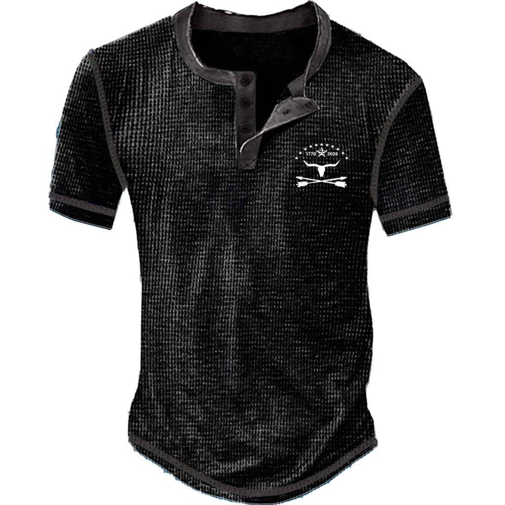 Men's waffle knit Henley short sleeve check T-shirt