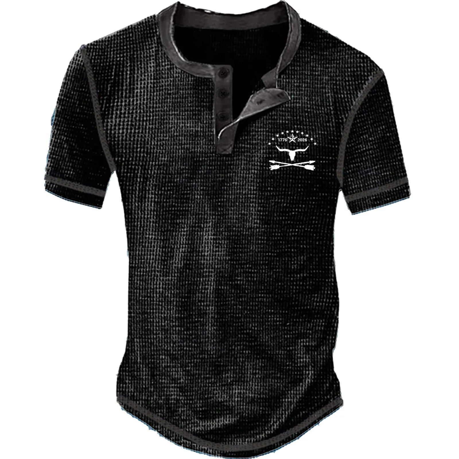 Men's waffle knit Henley short sleeve check T-shirt