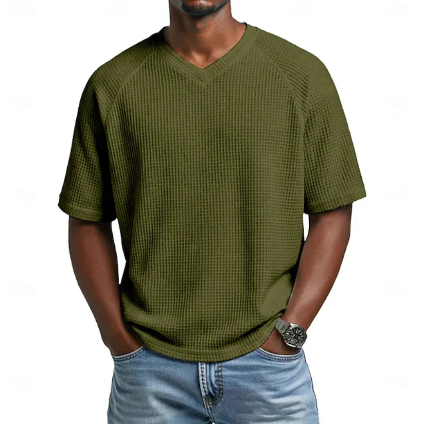 Men's Waffle T-shirt Tee Top Short Sleeve V Neck Summer Solid Color  Casual Raglan Sleeves