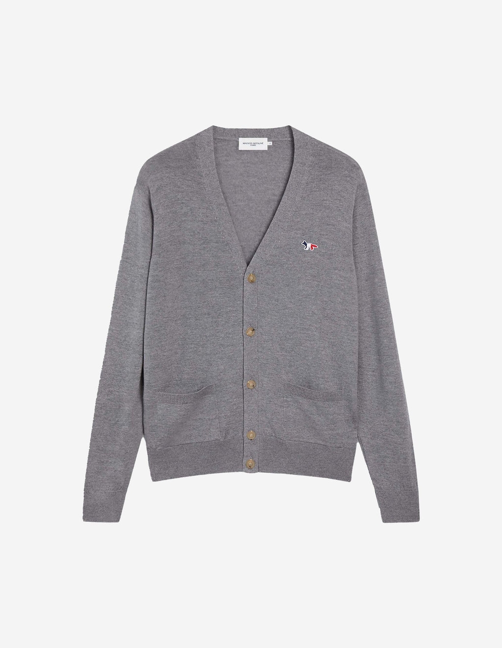 Unisex Tricolor Fox Patch Classic Cardigan Grey Melange