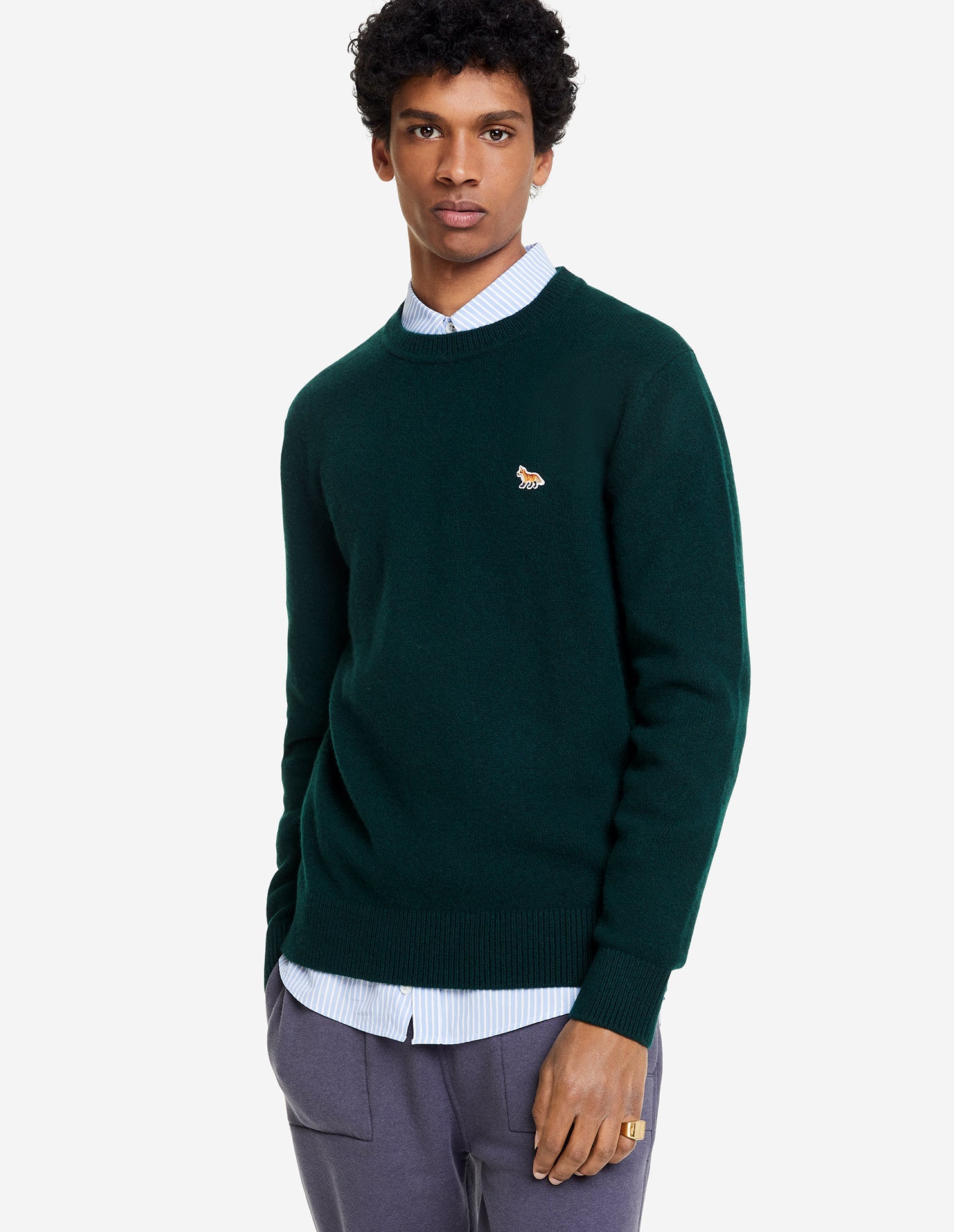 MEN'S BABY FOX PATCH COSY R-NECK PULLOVER DARK GREEN