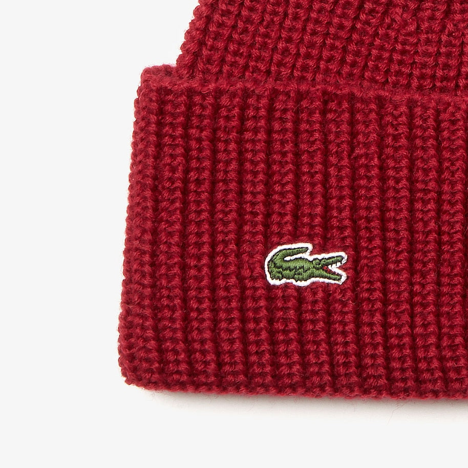 Lacoste (Men's Bordeaux Turned Edge Ribbed Wool Beanie)