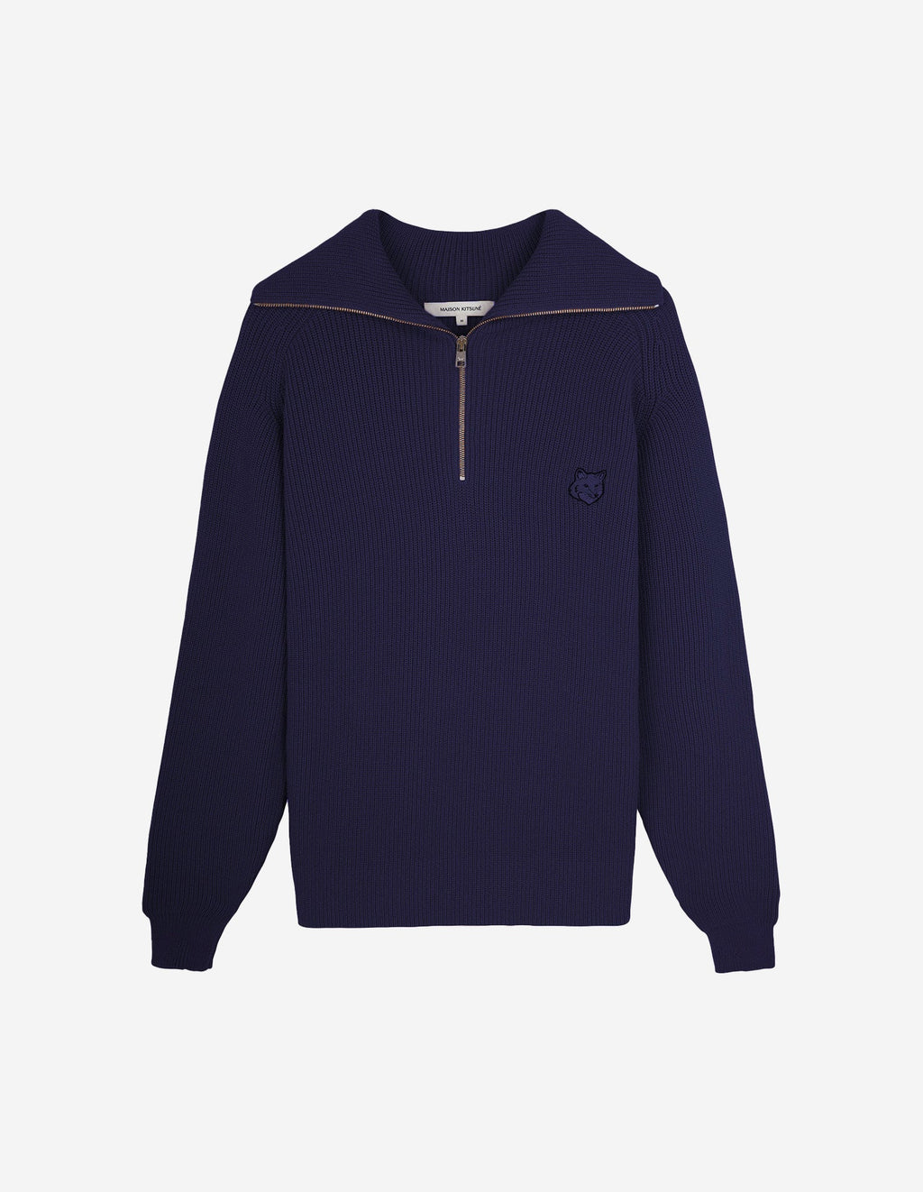 Men's Bold Fox Head Patch Half Zip Ribbed Jumper Paper Ink Blue