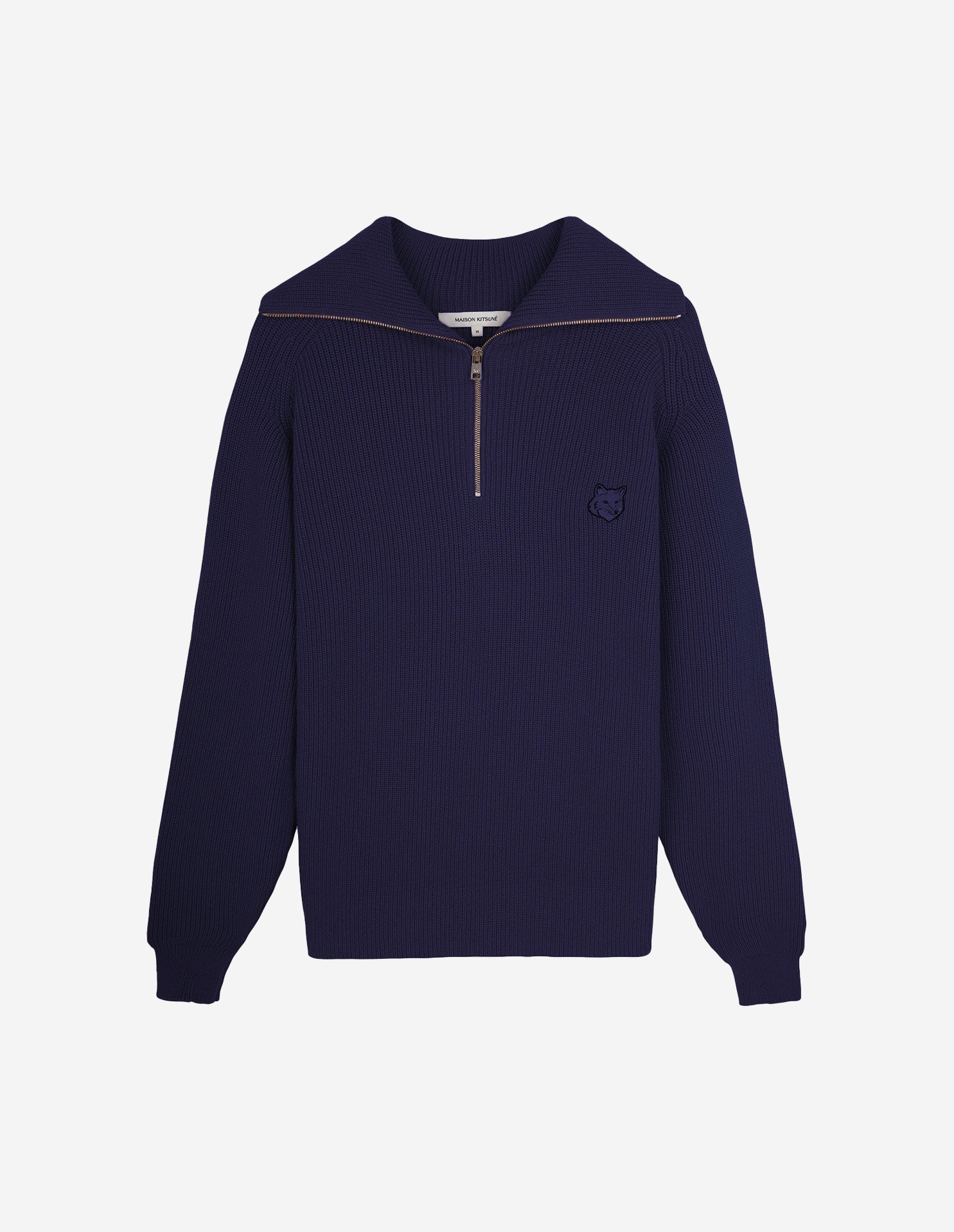 Men's Bold Fox Head Patch Half Zip Ribbed Jumper Paper Ink Blue