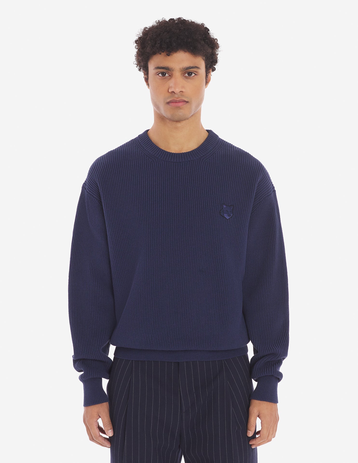 Men's Bold Fox Head Patch Comfort Ribbed Jumper Ink Blue