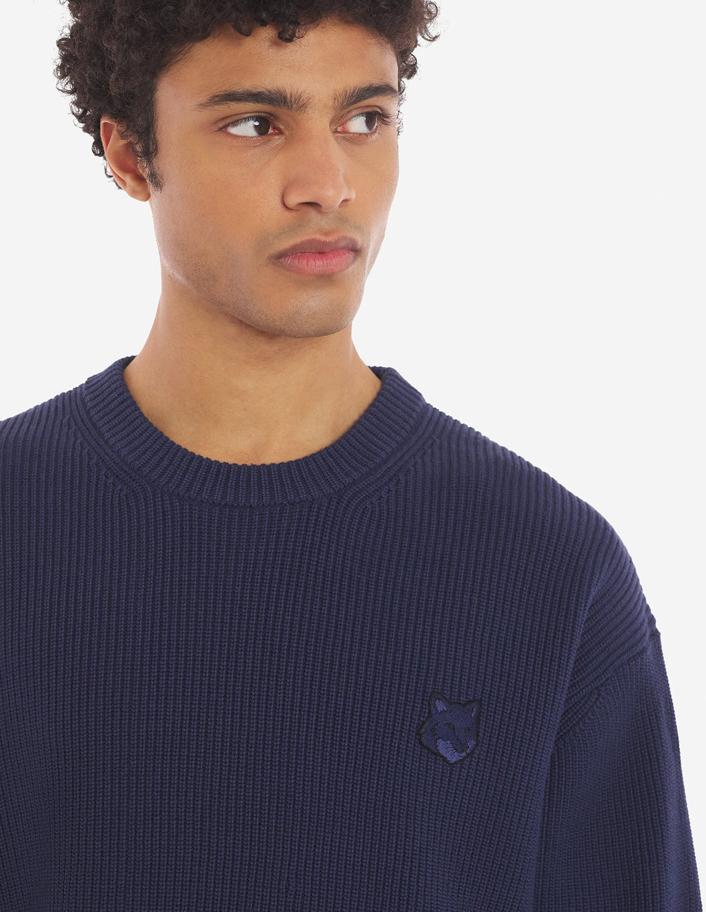Men's Bold Fox Head Patch Comfort Ribbed Jumper Ink Blue