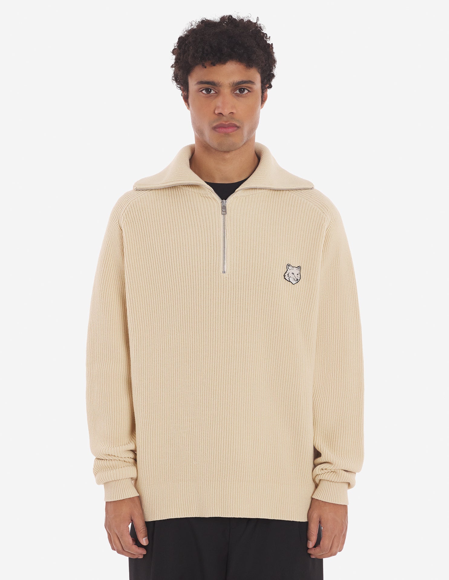 Men's Bold Fox Head Patch Half Zip Ribbed Jumper Paper