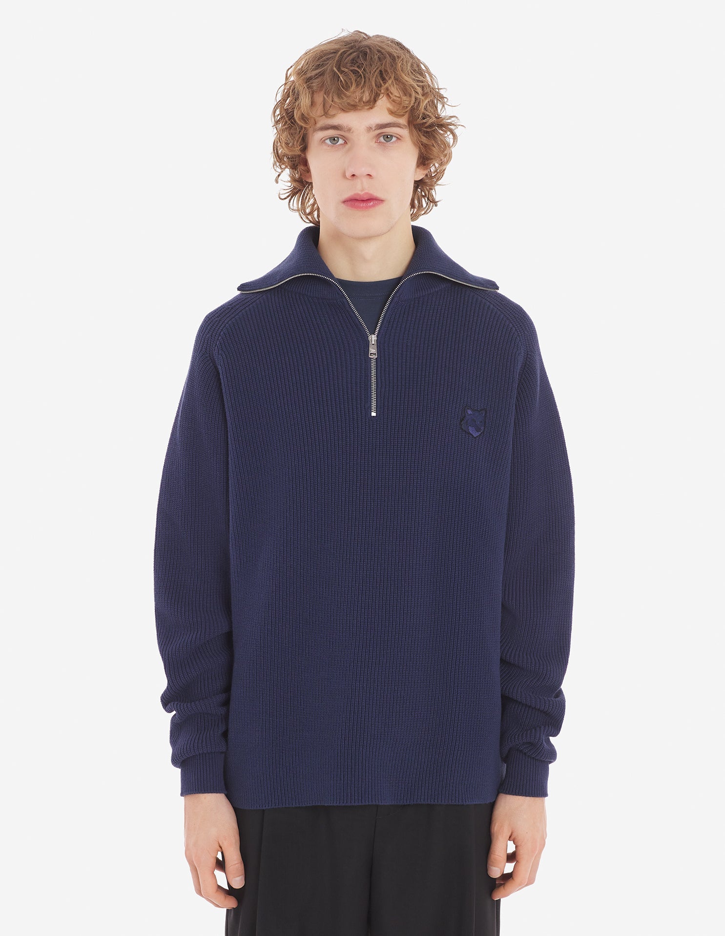 Men's Bold Fox Head Patch Half Zip Ribbed Jumper Paper Ink Blue